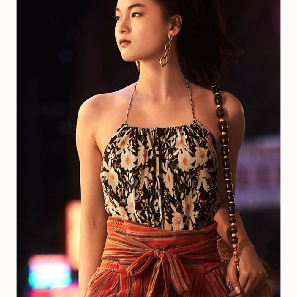 FREE PEOPLE Liza Halter Bodysuit Blk Floral Print